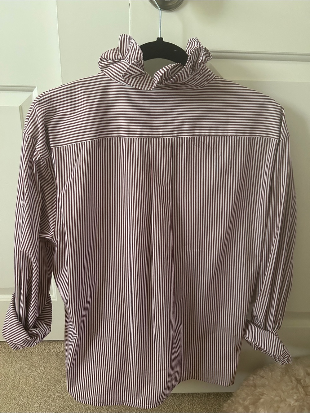 Burgundy and White Striped Ruffle-Collar  Blouse recreated from a man’s shirt - Picture 4 of 4